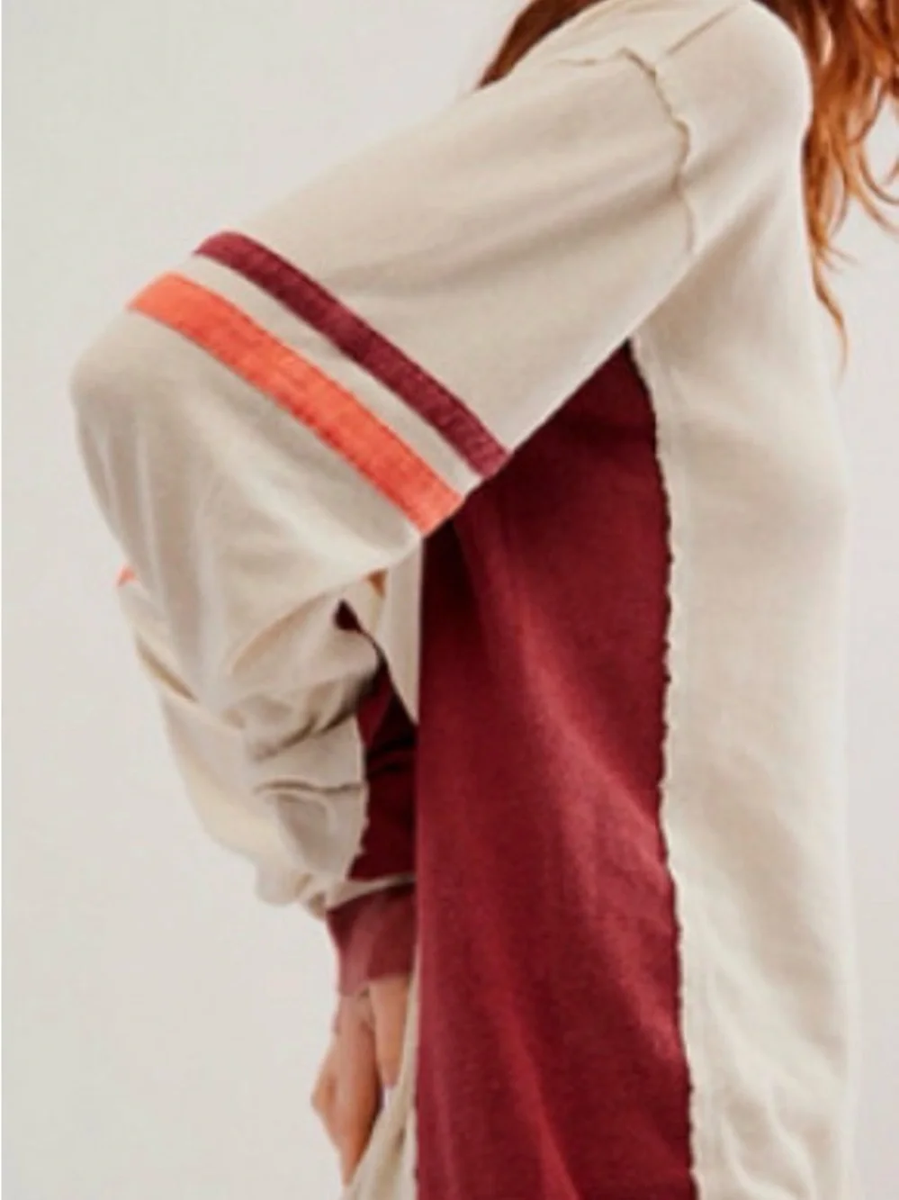 Free People Cream Sweater with Burgundy Panels and Coral Stripe